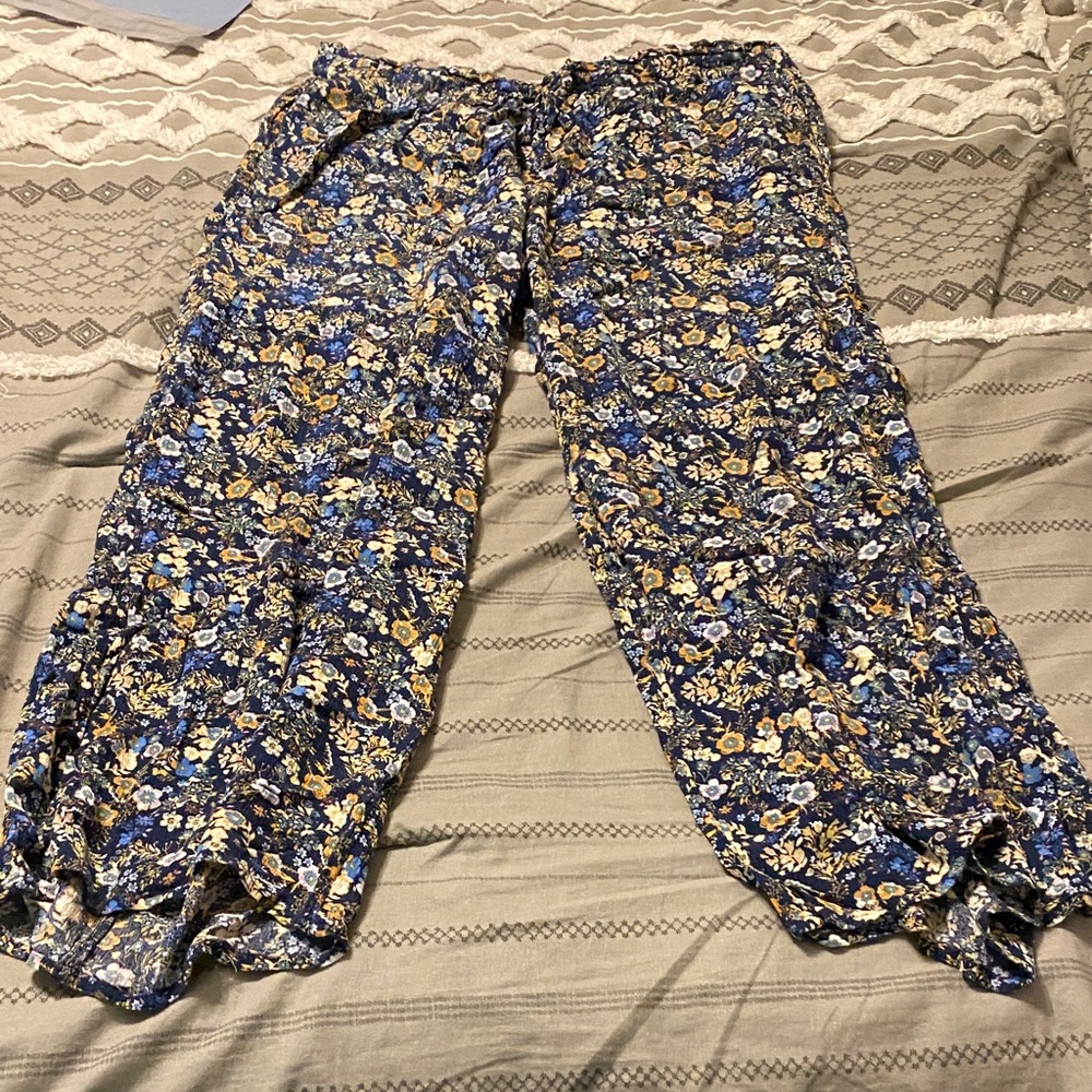 Maurices Navy Floral Wide-Leg/Beach Pants with Yellow and Light Blue Accents